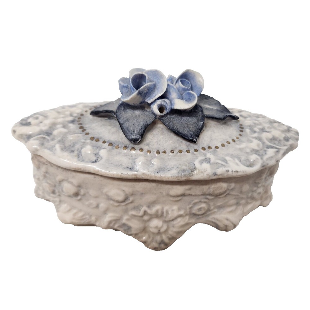 Antique Corday White Porcelain Oval Trinket Box 3D Floral‎ Lid Victorian Rare